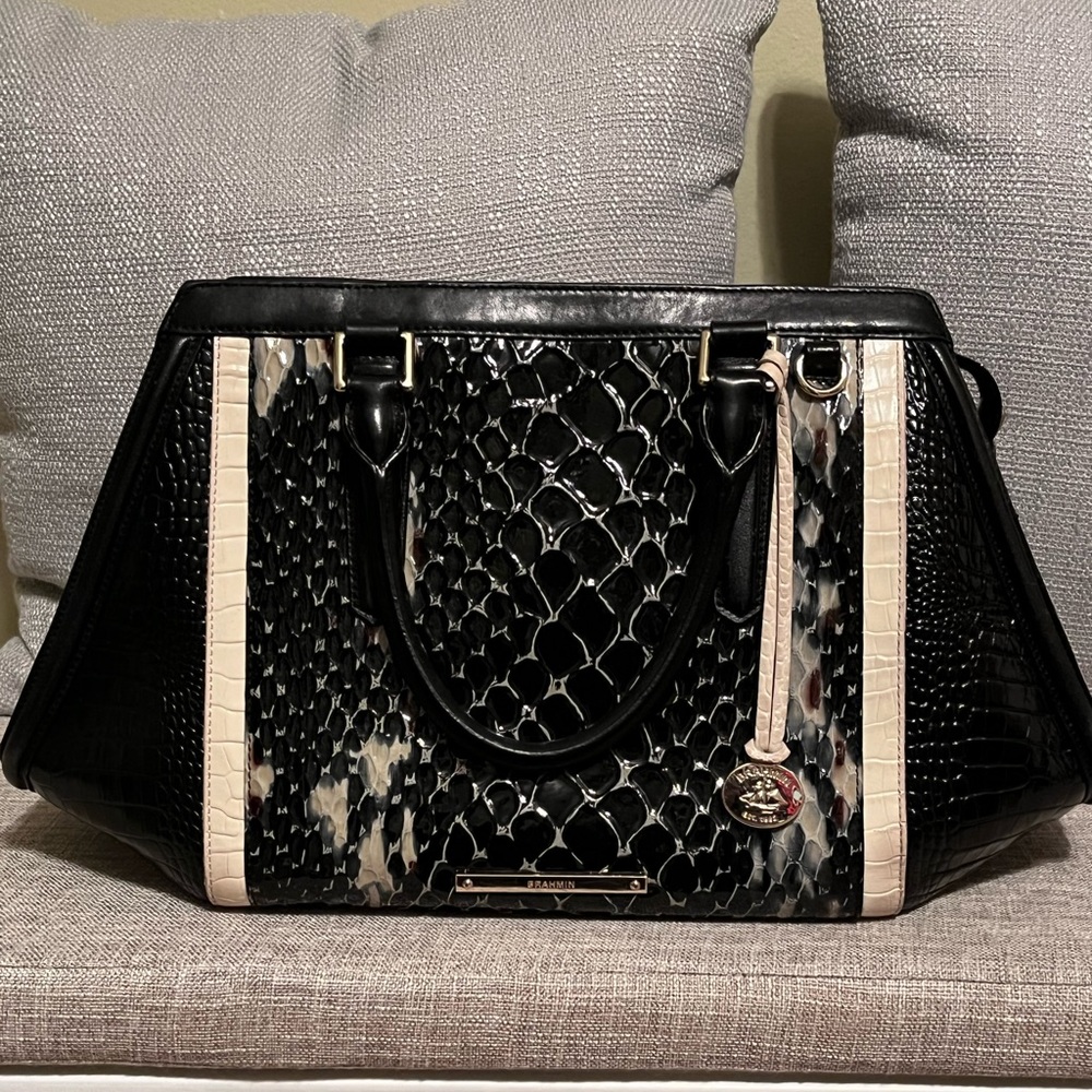 Brahmin Reptile Arden satchel in Black and Cream